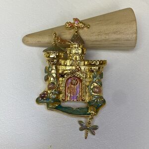 Kirks Folly Fairytale Castle Rapunzel Princess Gold Tone Enamel Brooch